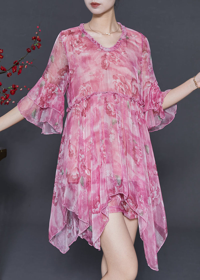 Rose Asymmetrical Print Chiffon Mini Dress Two Piece Set Summer