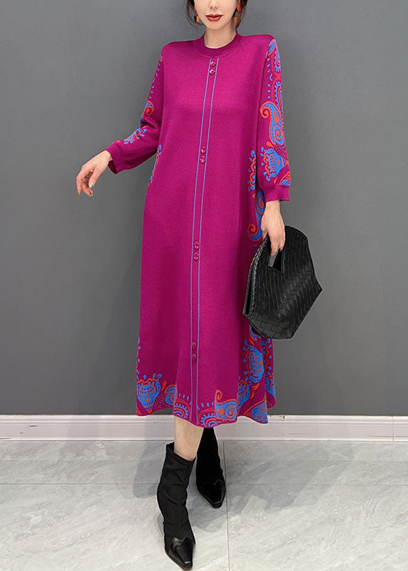 Rose Print Button Knit Vacation Dresses Spring