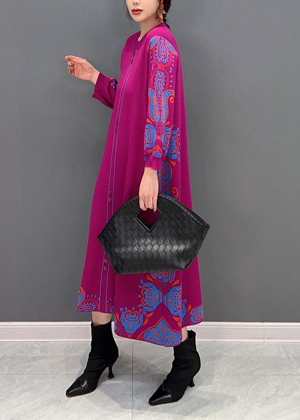 Rose Print Button Knit Vacation Dresses Spring
