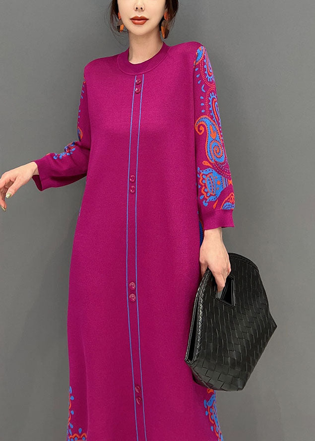 Rose Print Button Knit Vacation Dresses Spring