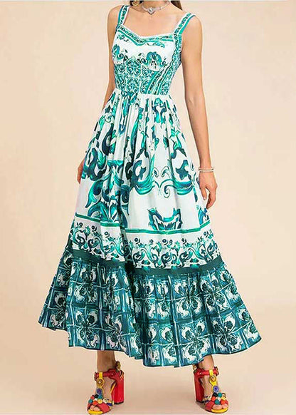 Rose Print High Waist Cotton Spaghetti Strap Dress Sleeveless