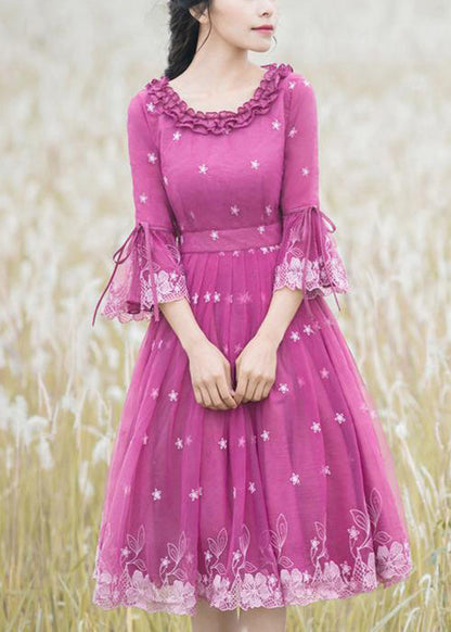Rose Ruffled Embroideried Lace Up Tulle Dresses Flare Sleeve