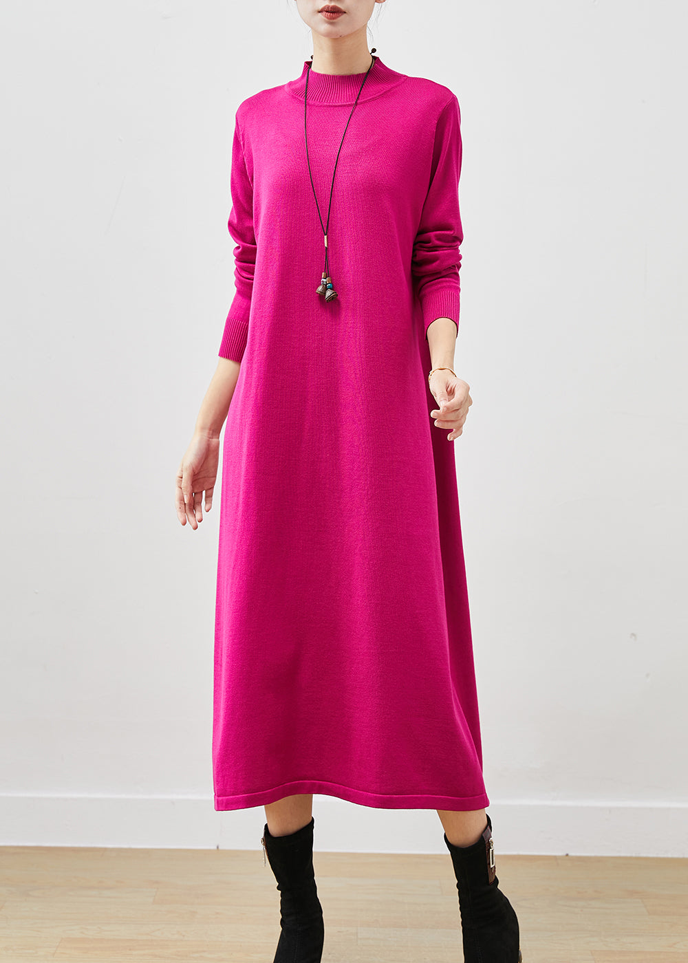 Rose Stand Collar Silm Fit Long Knit Dress Spring