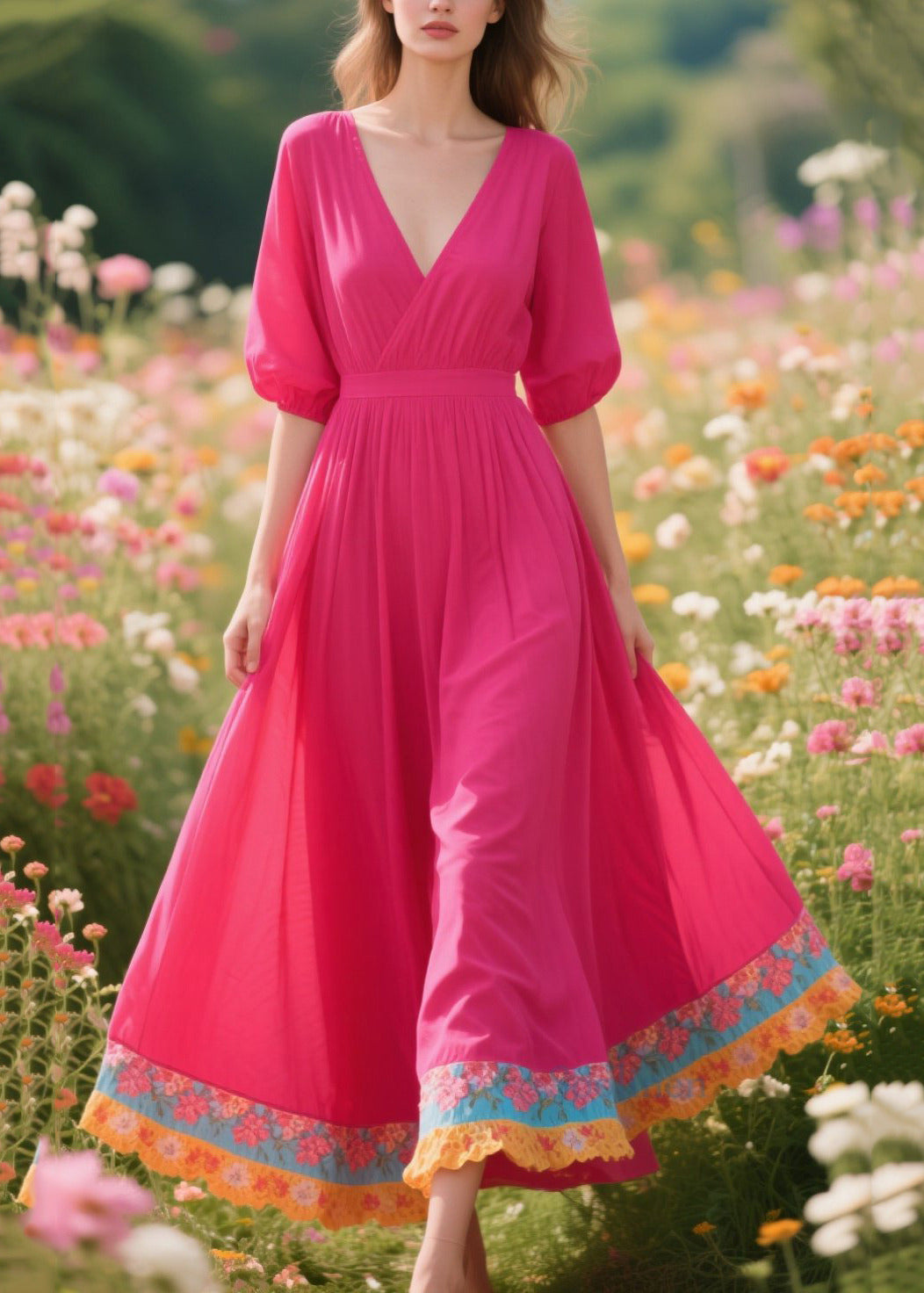 Rose V Neck Patchwork Exra Large Hem Cotton Dresses Summer