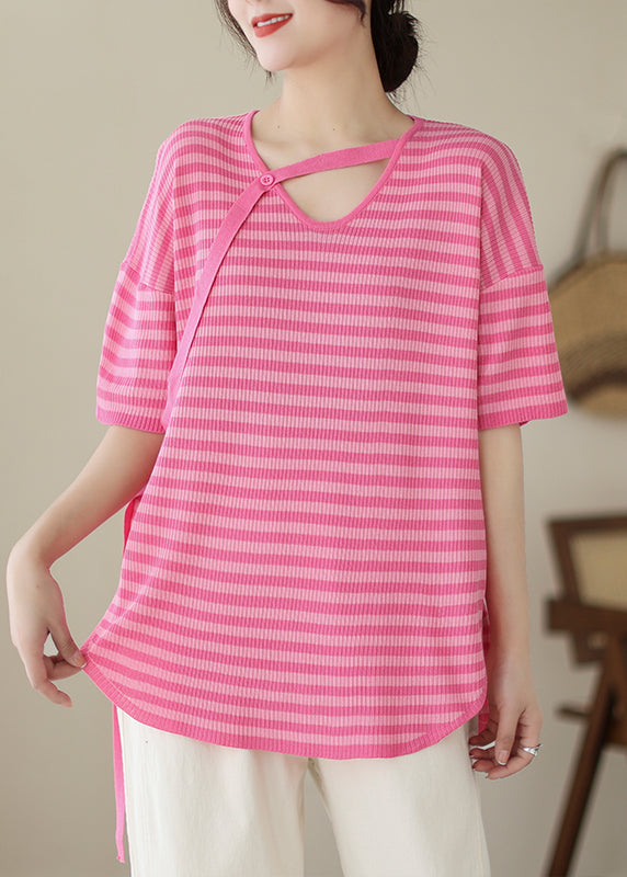 Rose V Neck Striped Knit Top Summer