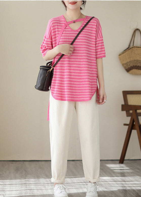 Rose V Neck Striped Knit Top Summer