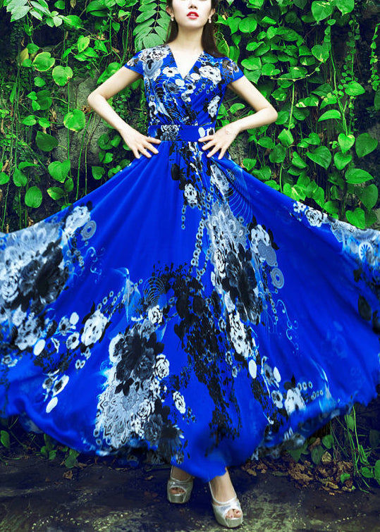 Royalblue Print Tunic Chiffon Long Beach Dress Short Sleeve