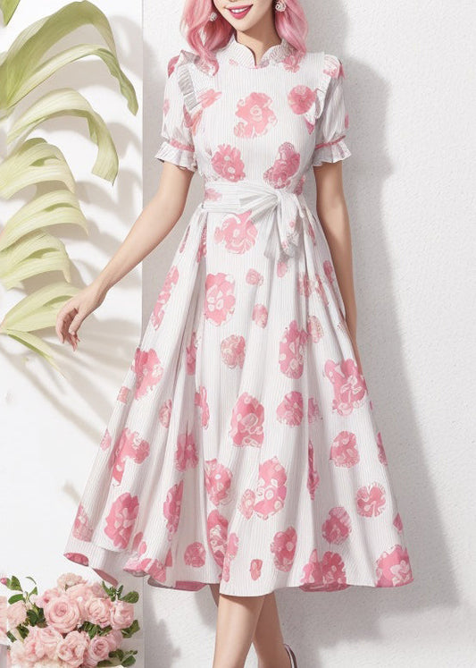 Stand Collar Print Tie Waist Silk Dresses Summer