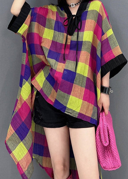 V Neck Asymmetrical Low High Design Plaid Dress Long Sleeve