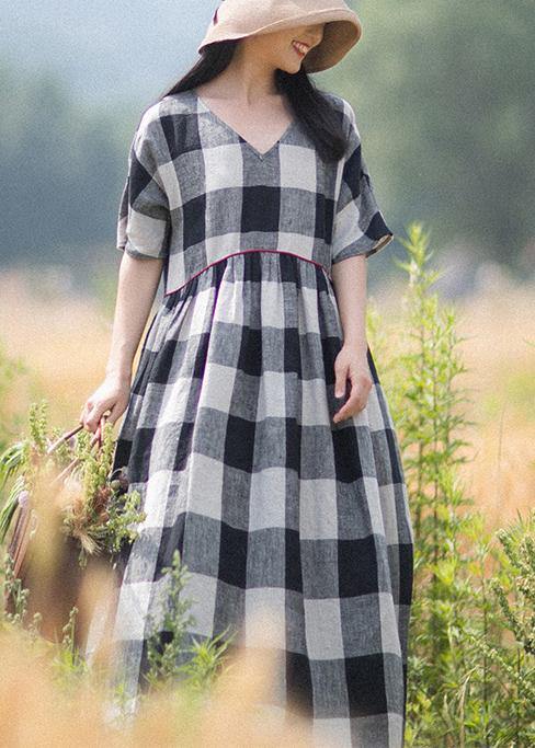 V-neck Patchwork Summer Black White Plaid Dresses