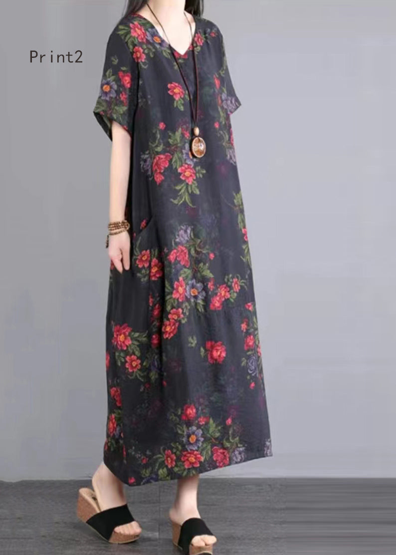 V Neck Print Patchwork Cotton Long Dresses Summer