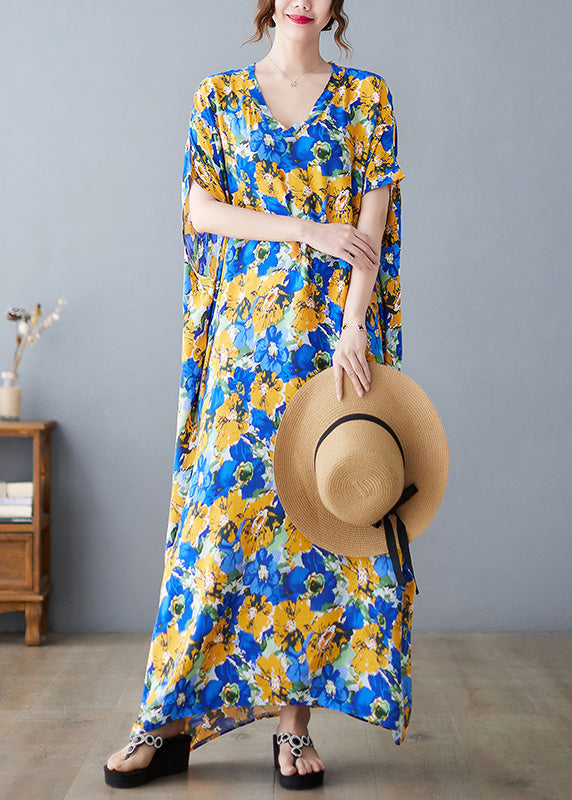 V Neck Print Satin Long Dresses Short Sleeve