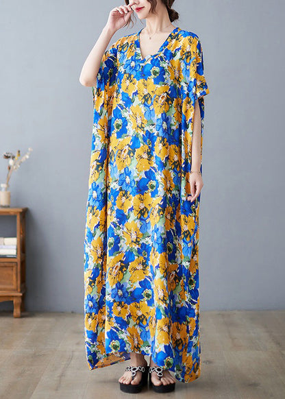V Neck Print Satin Long Dresses Short Sleeve