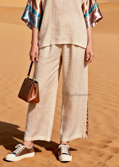 V Neck Silk Patchwork Linen Two Pieces Set Summer