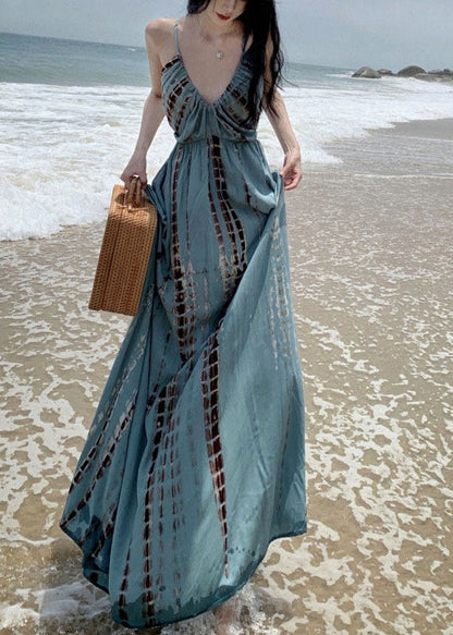 V Neck Wrinkled Print Backless Maxi Spaghetti Strap Dresses Summer