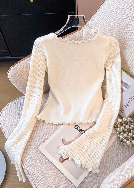 White Butterfly Patchwork Knitted Tops Flare Sleeve