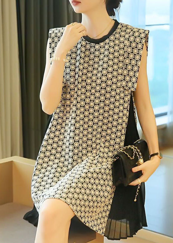 White O-neck Patchwork Print Wrinkled Mini Dress Sleeveless