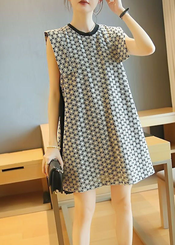 White O-neck Patchwork Print Wrinkled Mini Dress Sleeveless