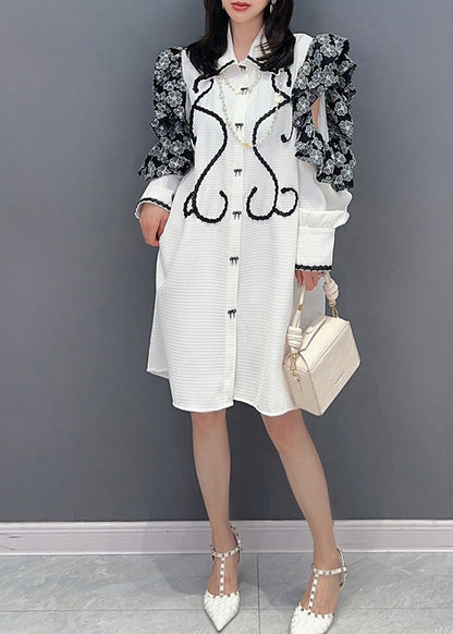 White Peter Pan Collar Print Button Maxi Shirts Dresses Puff Sleeve