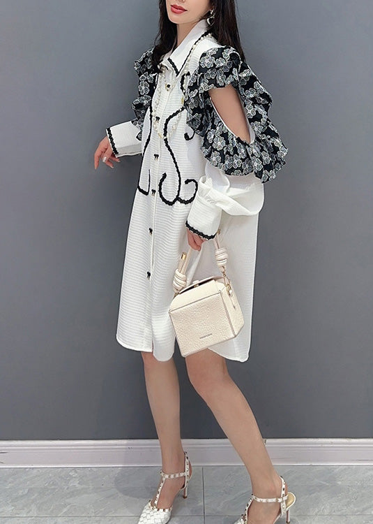 White Peter Pan Collar Print Button Maxi Shirts Dresses Puff Sleeve