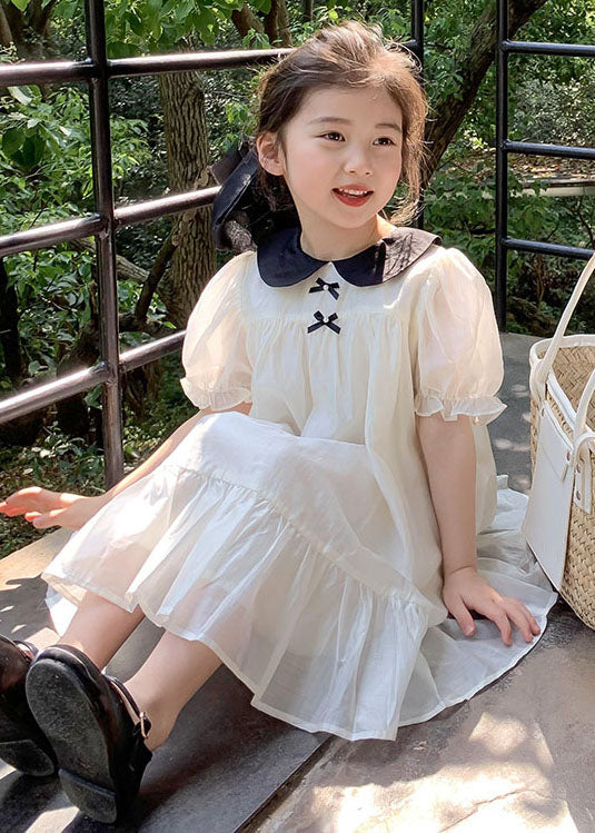 White Peter Pan Collar Wrinkled Patchwork Cotton Kids Dress Summer