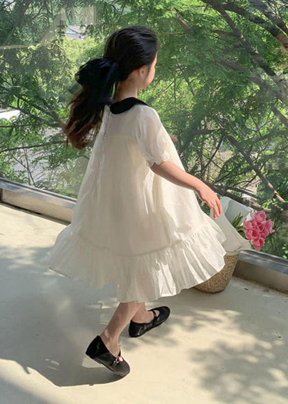 White Peter Pan Collar Wrinkled Patchwork Cotton Kids Dress Summer