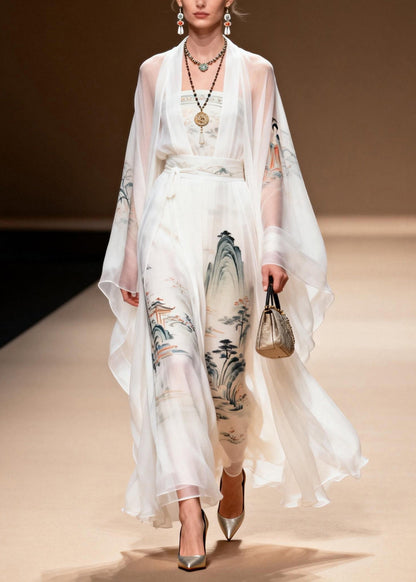 White Print Chiffon Two Pieces Set Summer