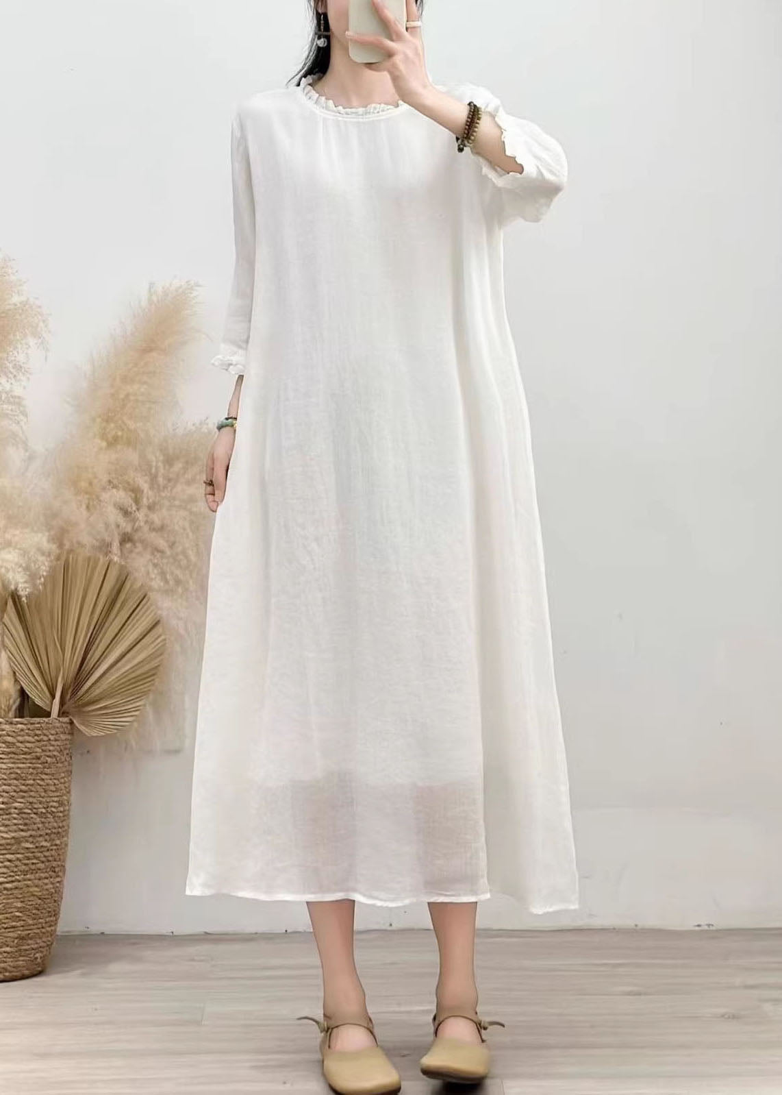 White Ruffled Patchwork Linen Dresses Summer