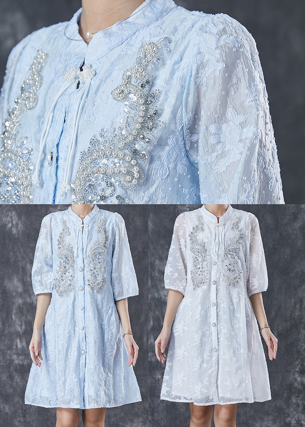 White Tasseled Nail Bead Cotton Dress Half Sleeve