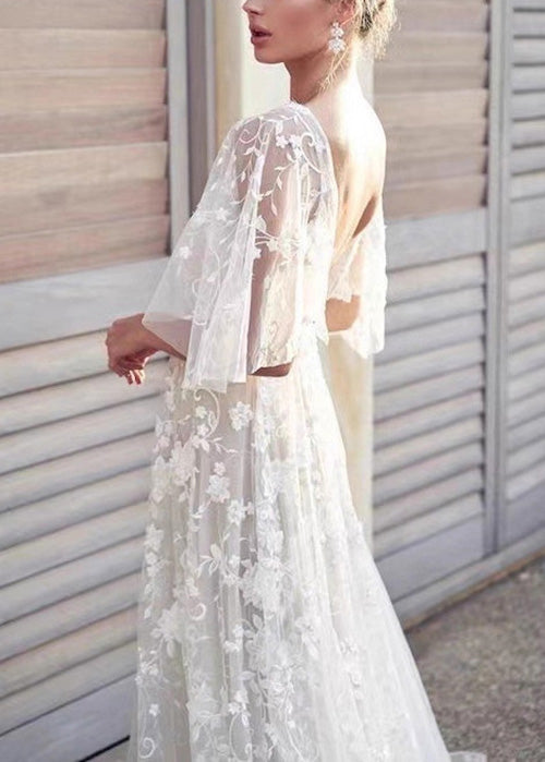 White V Neck Backless Tulle Lace Long Dress Summer