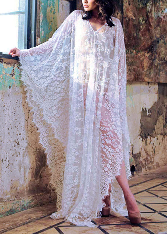 White V Neck Lace Long Holiday Dress Batwing Sleeve