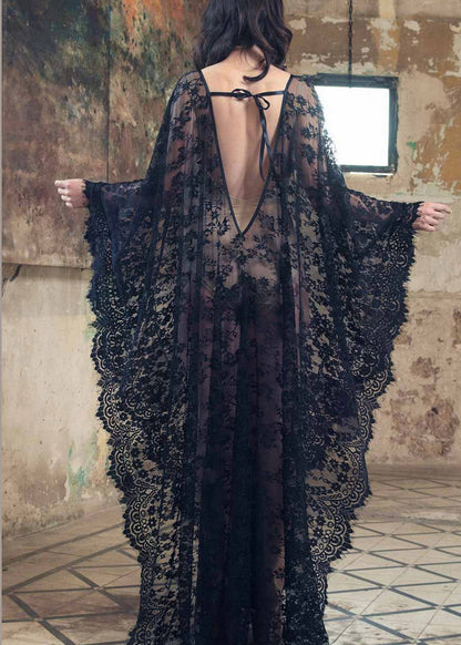 White V Neck Lace Long Holiday Dress Batwing Sleeve