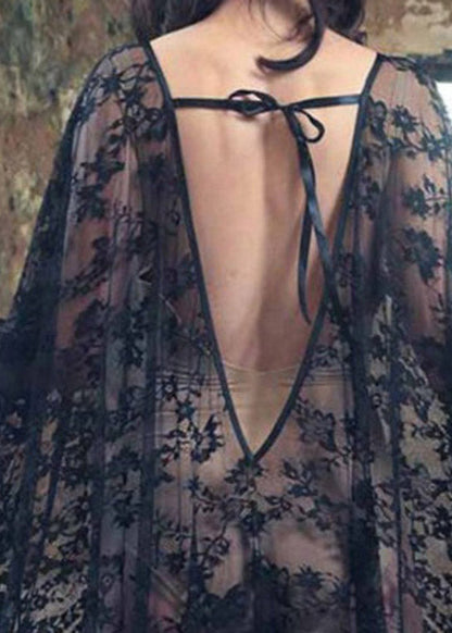 White V Neck Lace Long Holiday Dress Batwing Sleeve