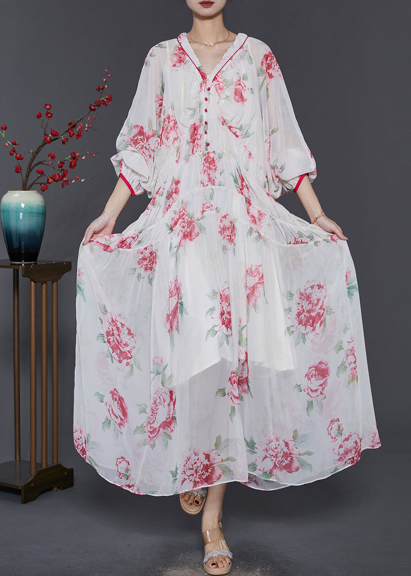 White V Neck Print Chiffon Beach Dress Spring