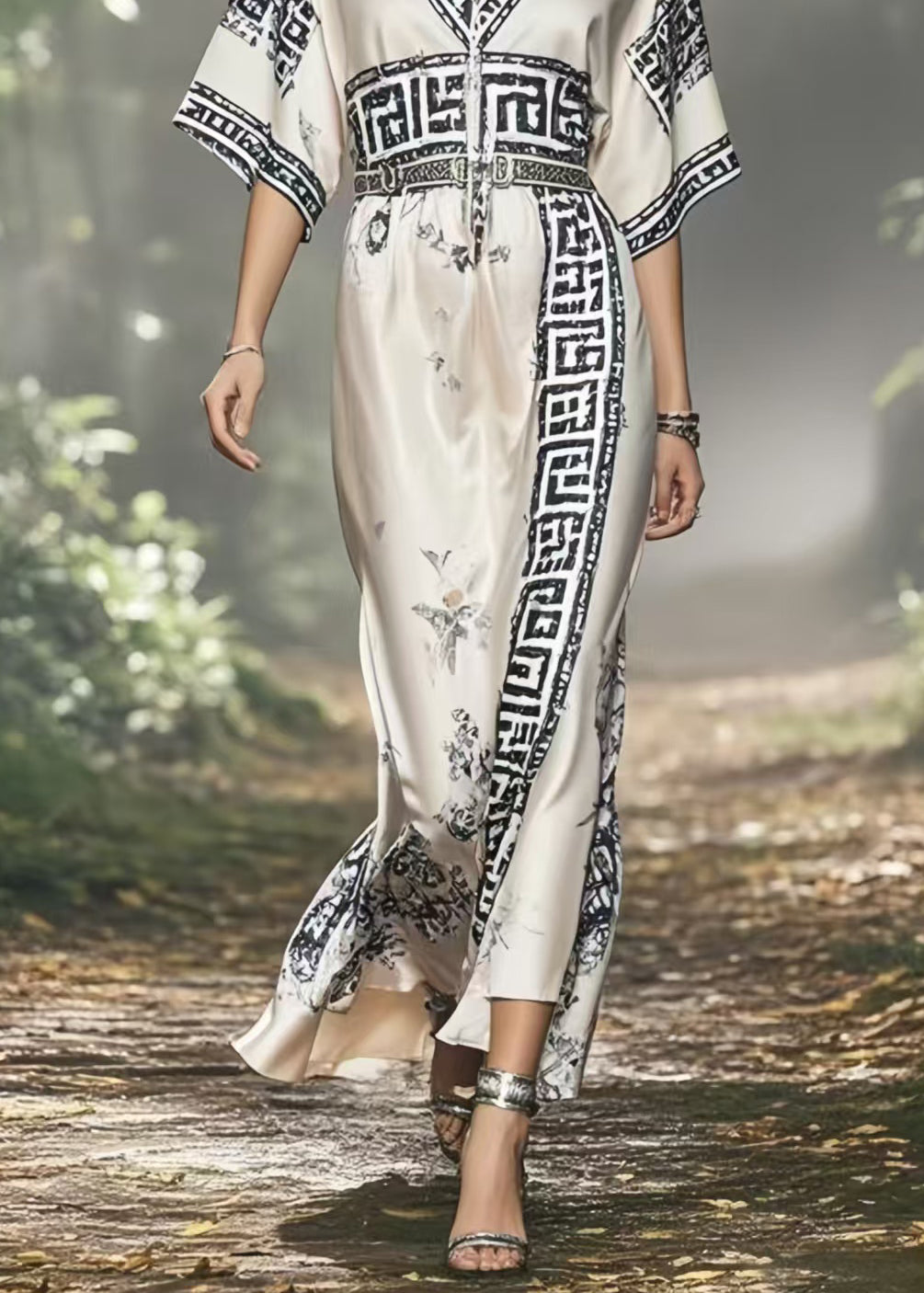 White V Neck Print Silk Vacation Dresses Summer