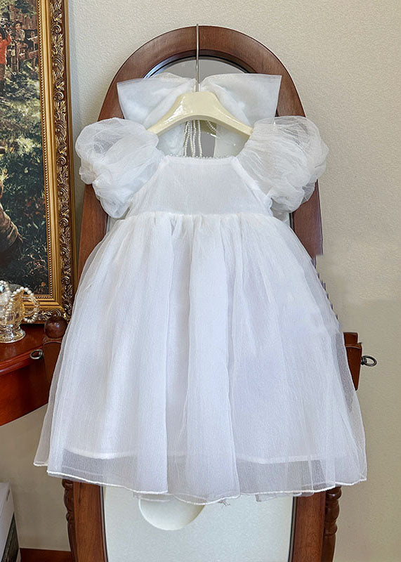 White Wrinkled Patchwork Tulle Kids Princess Dresses Summer