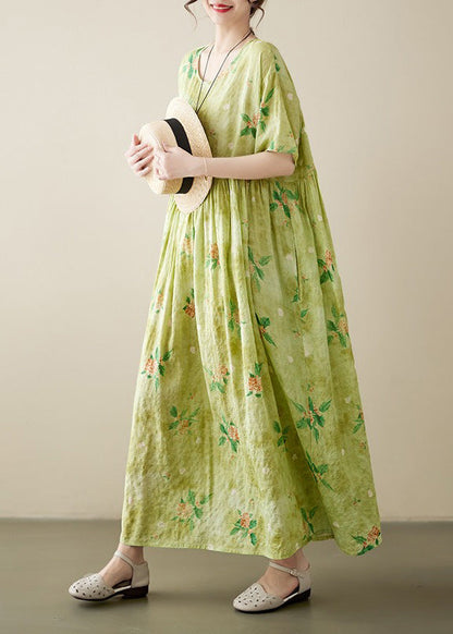 Yellow Green Print Wrinkled Cotton Long Dress Summer