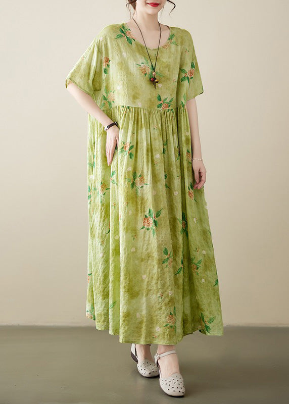 Yellow Green Print Wrinkled Cotton Long Dress Summer