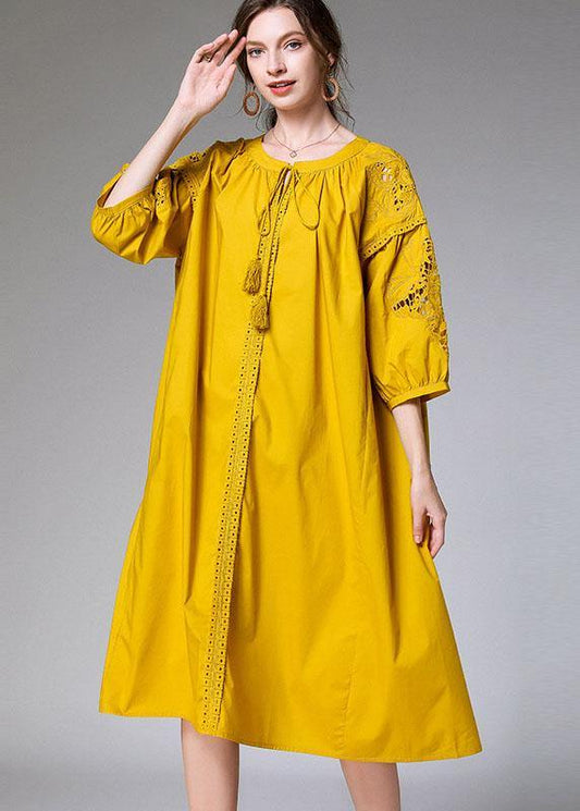 Yellow Hollow Out Embroideried Spring Three Quarter Sleeve Mid Dress