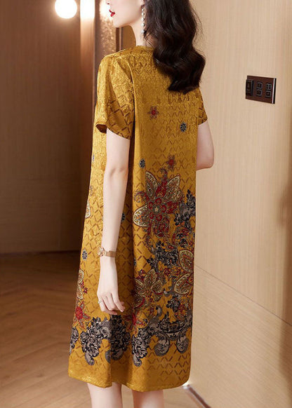 Yellow O-neck Print Silk Robe Dresses Summer