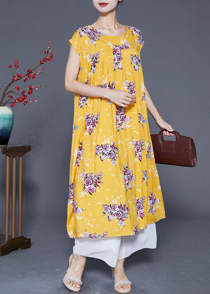 Yellow Oversized Print Cotton Party Dress Summer