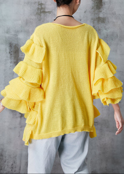 Yellow Ruffled Sequins Knit Pullover Spring