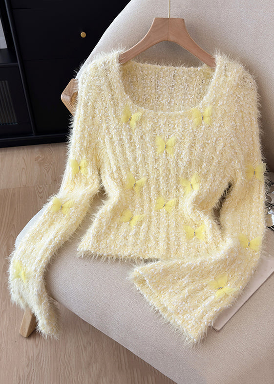 Yellow Square Collar Butterfly Knit Sweaters Winter