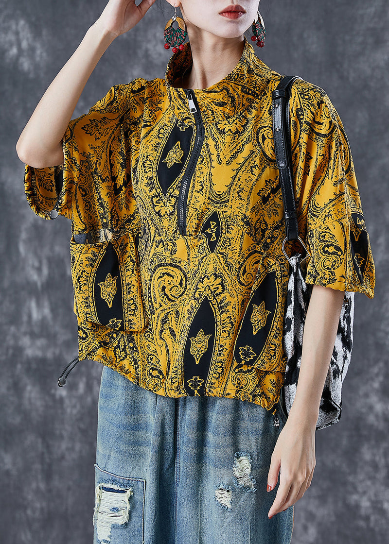 Yellow Zip Up Pockets Cotton Sweatshirts Top Summer