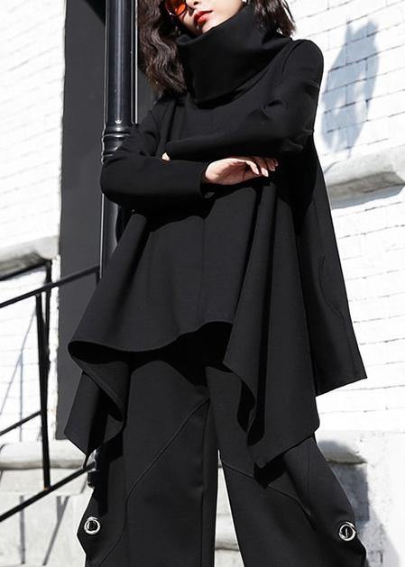 Black Cotton Clothes for Asymmetric Hem Oversized High Neck Tops