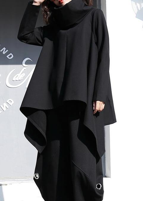 Black Cotton Clothes for Asymmetric Hem Oversized High Neck Tops