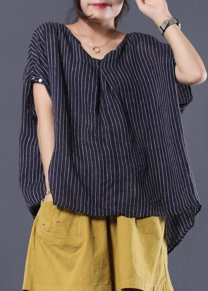 Black Striped Linen Clothes for V Neck Baggy Summer Top