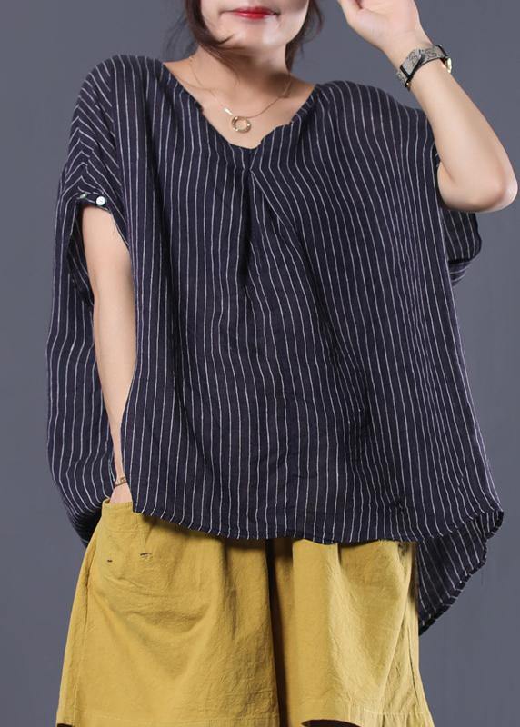 Black Striped Linen Clothes for V Neck Baggy Summer Top