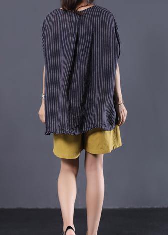 Black Striped Linen Clothes for V Neck Baggy Summer Top