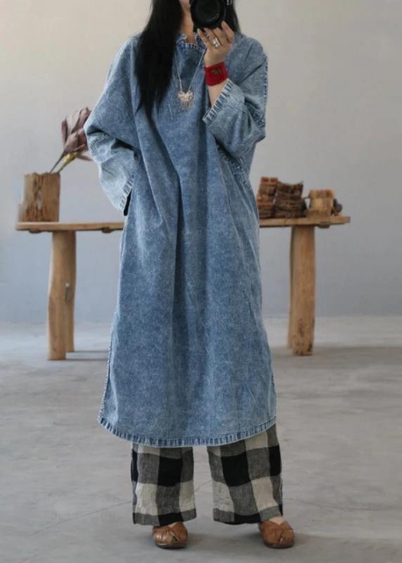 Cotton Dress Retro Color Frog Denim Blue Loose Dress